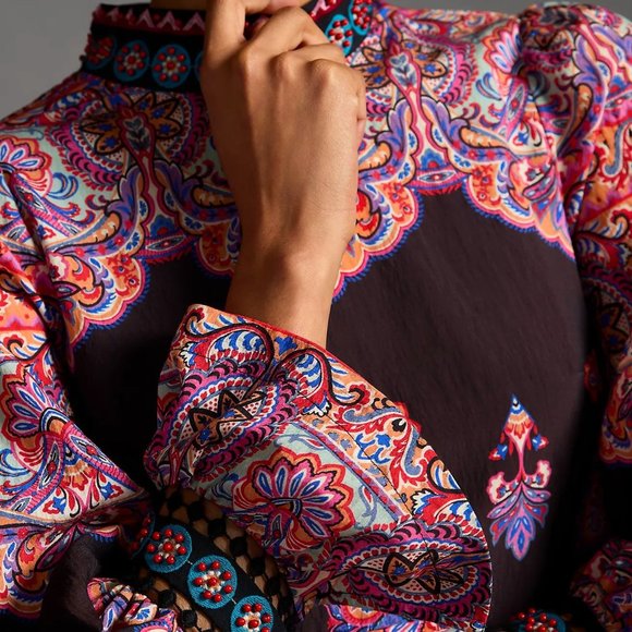 NWT Anthropologie Mini Dress Boho Beaded High Neck Pink & Brown Size 0 - Picture 4 of 15